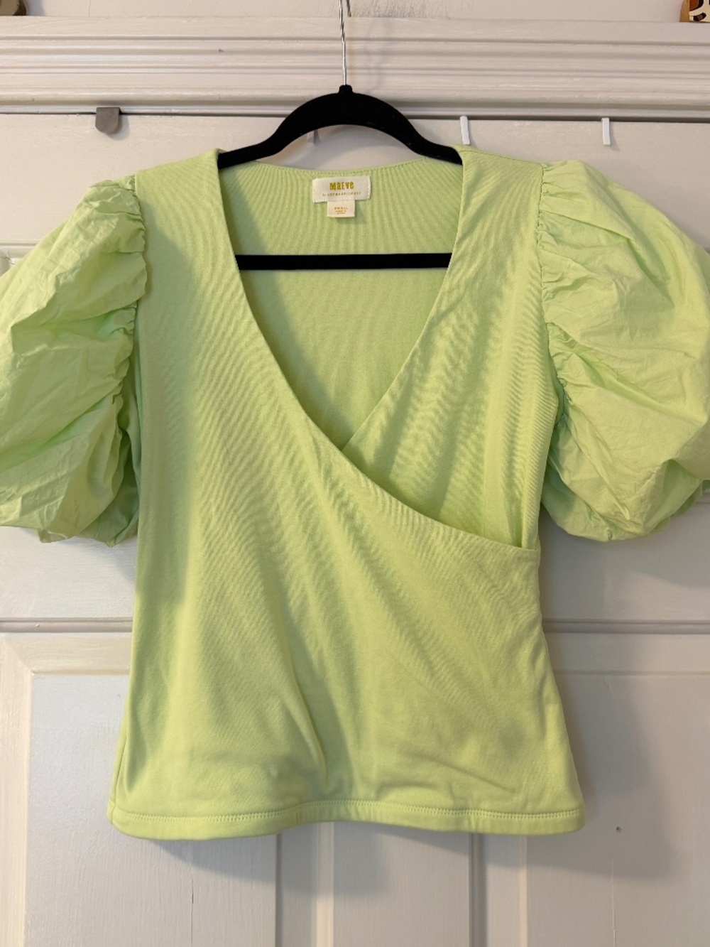 Anthropologie Maeve Puff Sleeve Wrap Top Women's Small Lime Green Cotton Blend